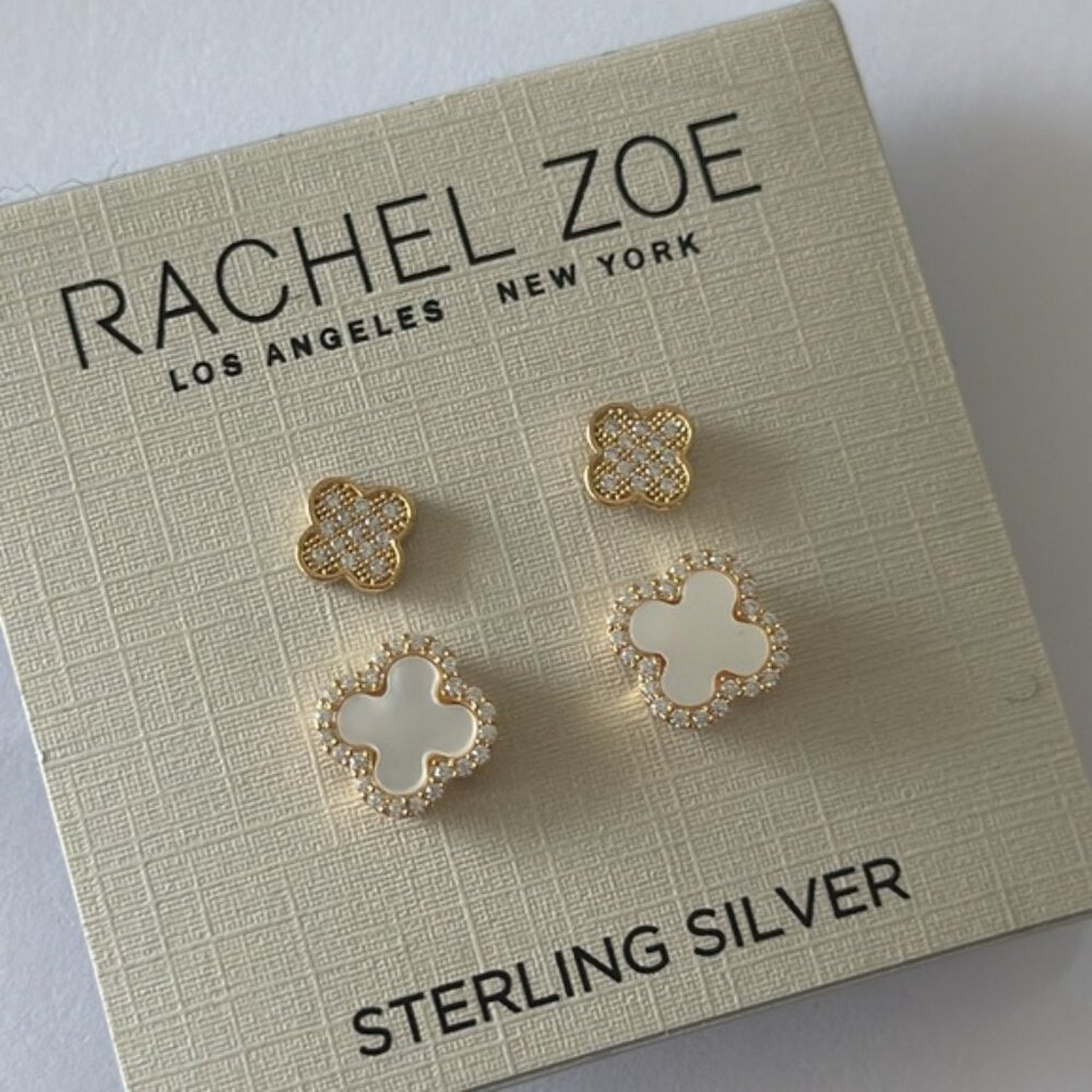 Rachel Zoe Set of 2 Mini earrings Clover Sterling silver 925 Gold Plated - Picture 6 of 13